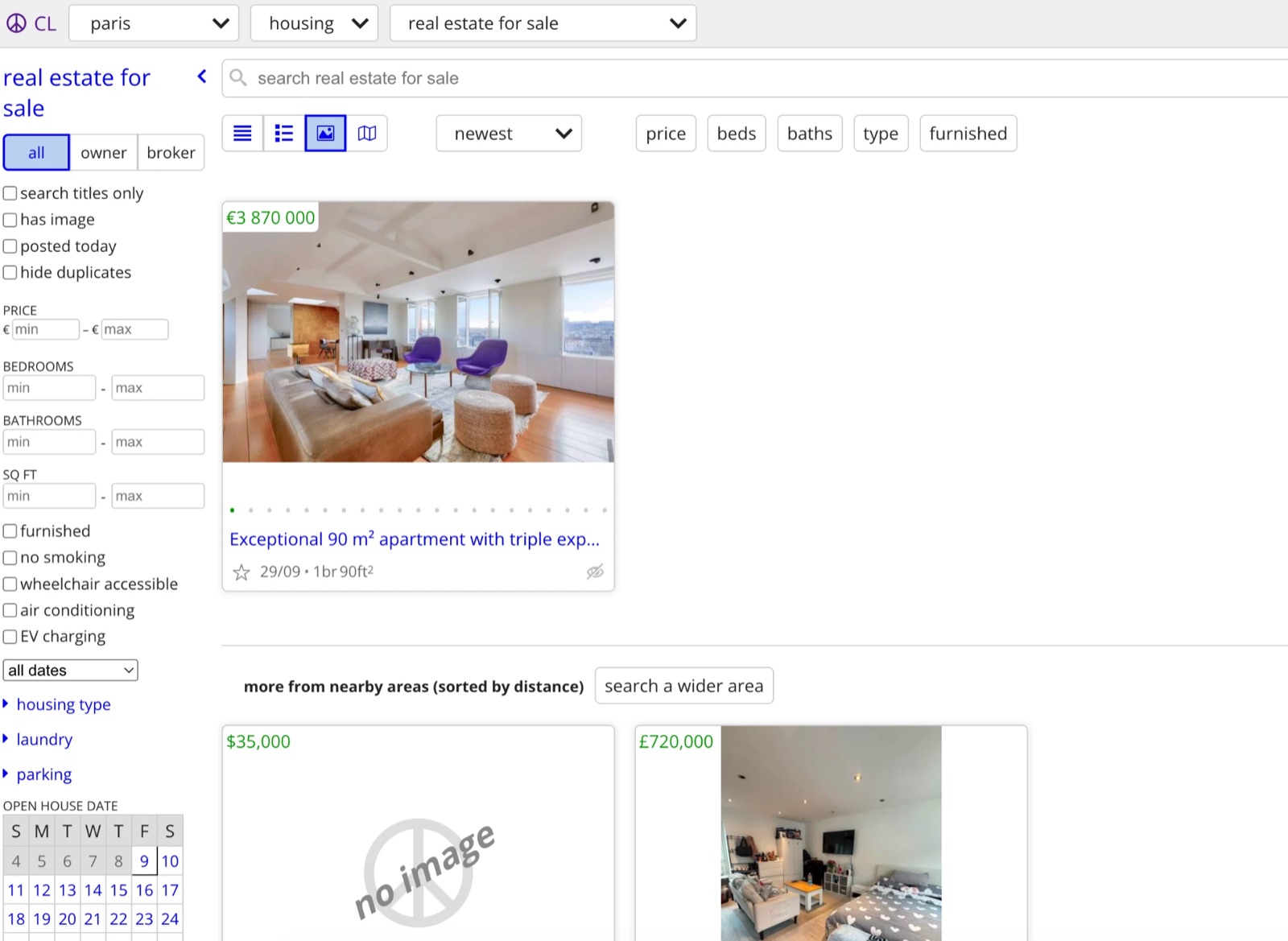 Screenshot of Craigslist Paris, housing, real estate for sale: one listing for the whole city, then results from nearby areas priced in dollars and pounds