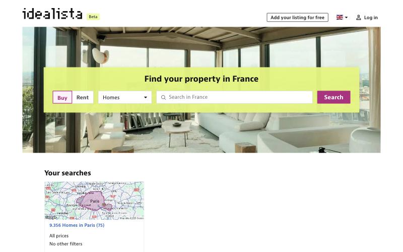 Screenshot of the idealista.fr homepage in English, with the Beta badge, the Find your property in France search bar and a saved search showing 9,356 homes in Paris