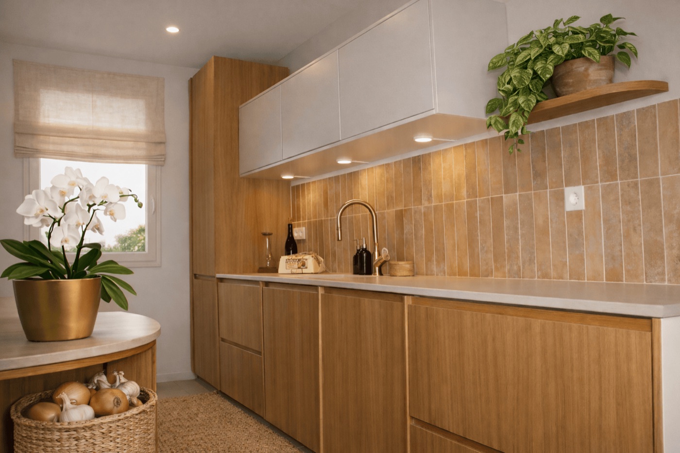 The kitchen run with brass tap, oak fronts and a vertically stacked terracotta splashback, Marseille 7th arrondissement