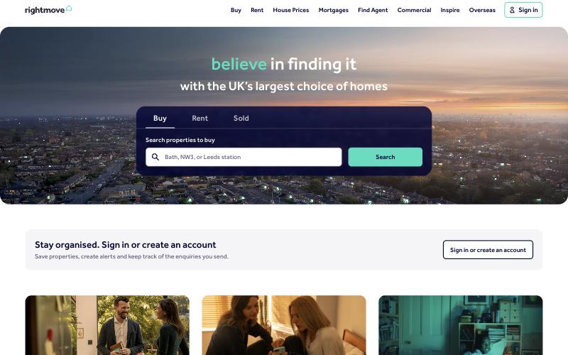 Screenshot of the Rightmove homepage, with its Buy, Rent and Sold search tabs