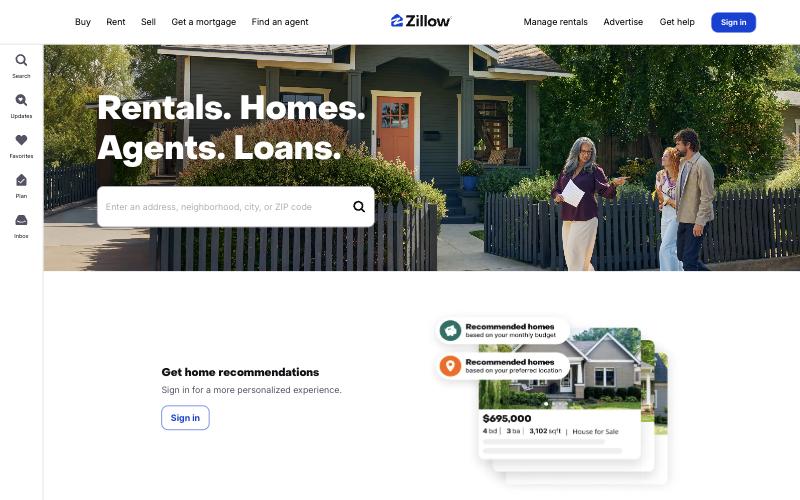 Screenshot of the Zillow homepage, showing the search bar and the Buy, Rent, Sell and Get a mortgage navigation